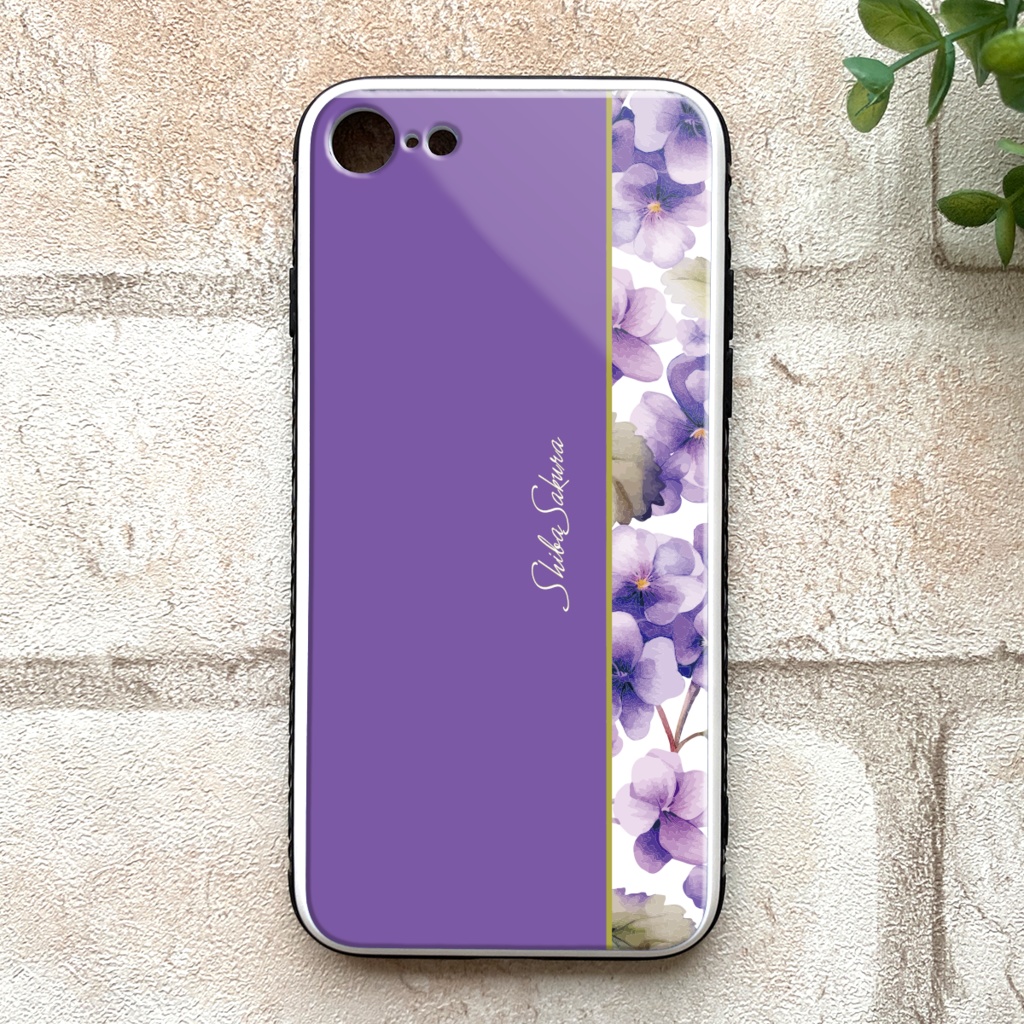 春のスミレのガラススマホケース（菫色） iphone15 iphone14 スマホケース すみれ 春 花