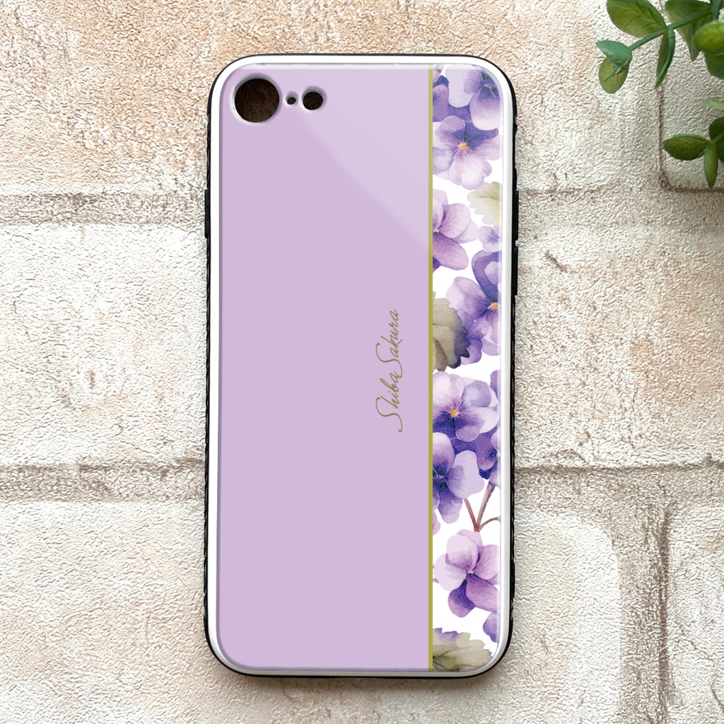 春のスミレのガラススマホケース（淡紫） iphone15 iphone14 スマホケース すみれ 春 花