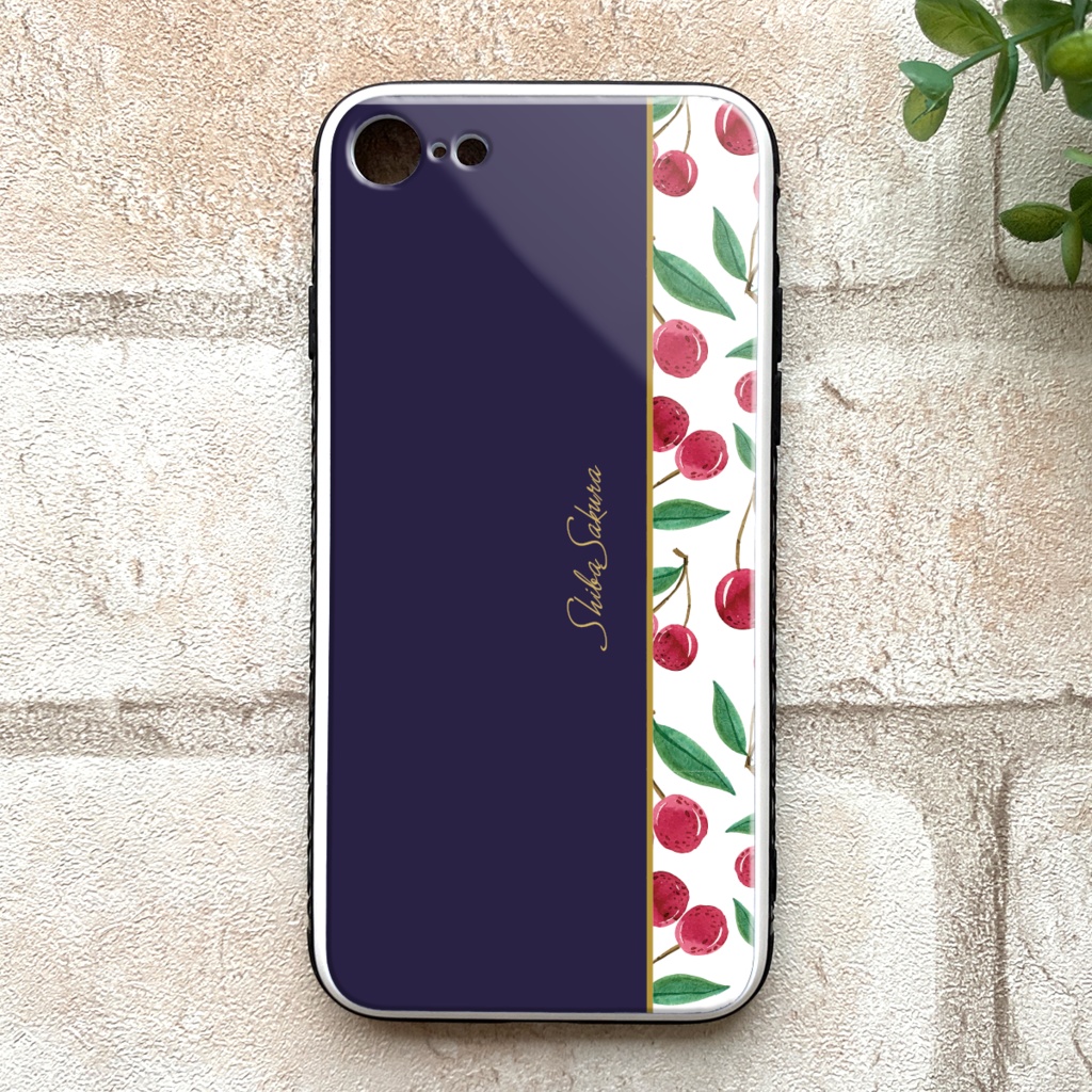 チェリーのガラススマホケース(ネイビー) iphone15 iphone14 さくらんぼ チェリー スマホケース iphone16