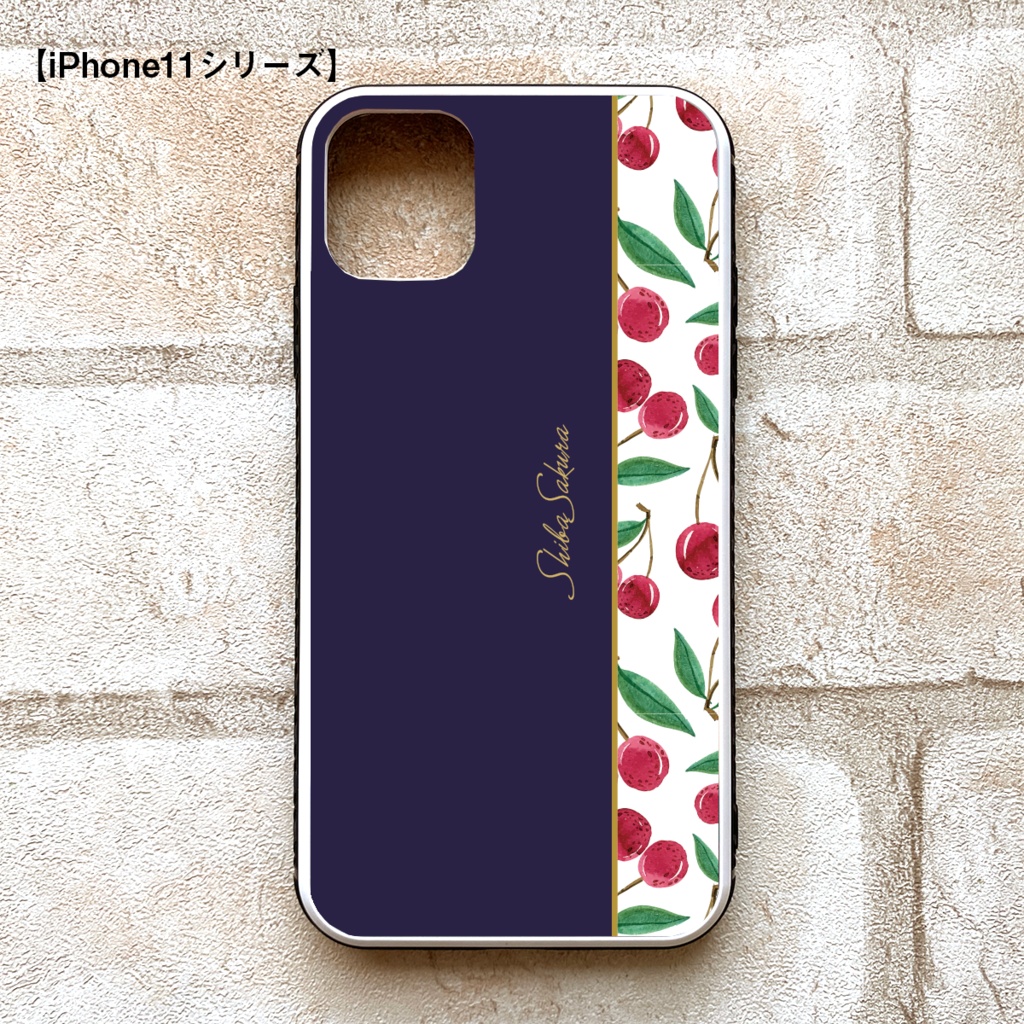 チェリーのガラススマホケース(ネイビー)iPhone17 Air iphone13 iphone15 iphone14 さくらんぼ チェリー スマホケース iphone16