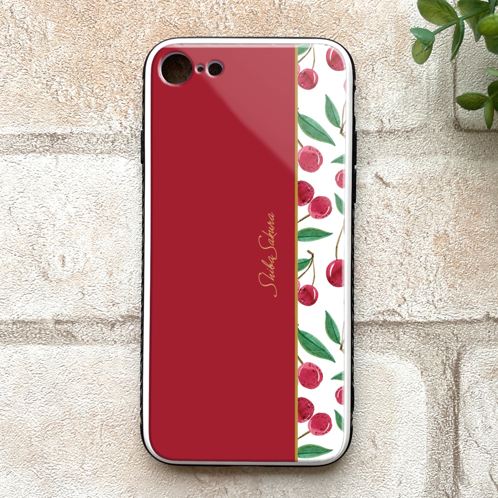 チェリーのガラススマホケース（レッド） iphone15 iphone14 さくらんぼ チェリー スマホケース iphone16