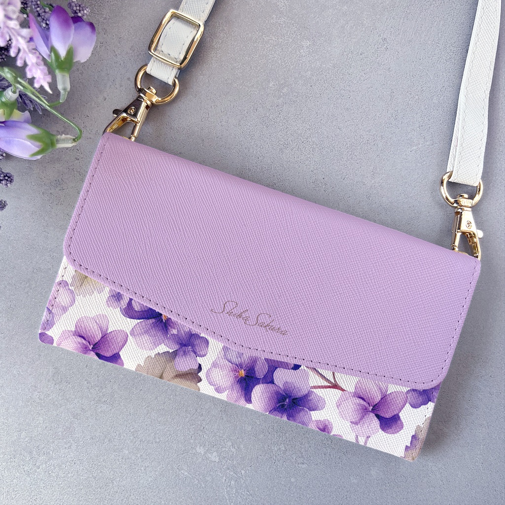 春のスミレの三つ折り手帳型スマホケース（淡紫） 全機種対応 スマホケース iphone Android 花 iPhone16e iPhone16 iPhone15