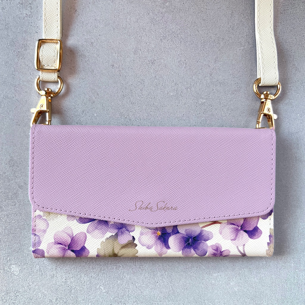 春のスミレの三つ折り手帳型スマホケース(淡紫) 全機種対応 スマホケース iphone Android 花 iPhone16e iPhone16 iPhone15