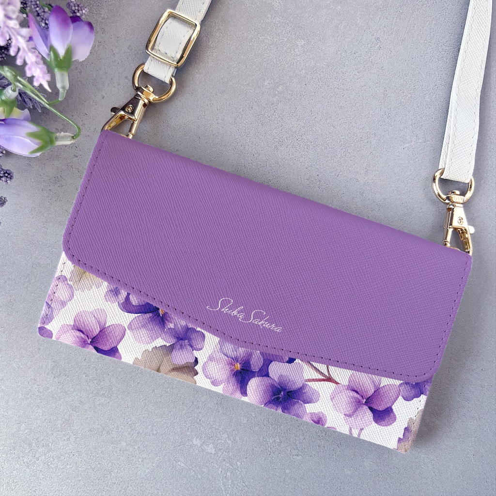 春のスミレの三つ折り手帳型スマホケース（江戸紫） 全機種対応 スマホケース iphone Android 花 iPhone16e iphone16 iphone15