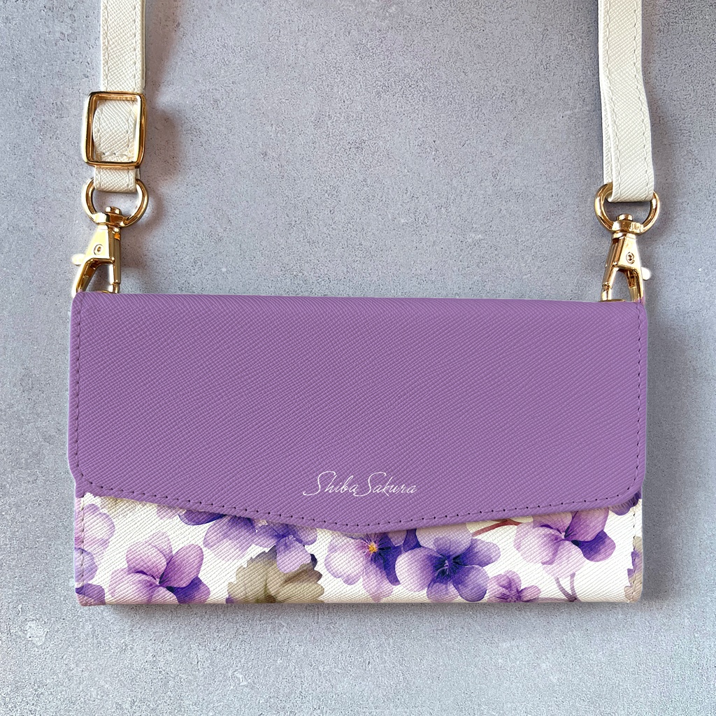 春のスミレの三つ折り手帳型スマホケース(江戸紫) 全機種対応 スマホケース iphone Android 花 iPhone16e iphone16 iphone15