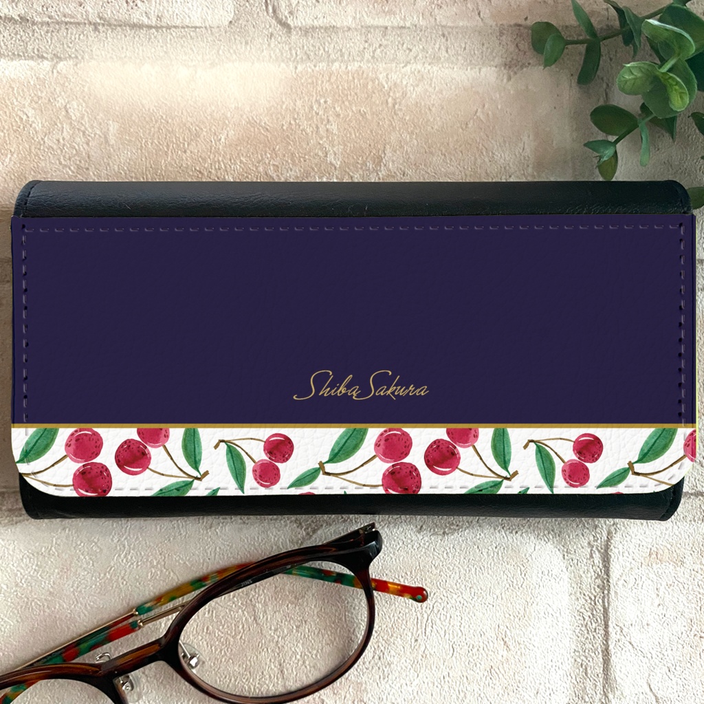 チェリーのメガネケース(ネイビー) さくらんぼ チェリー フルーツ メガネ入れ メガネケース