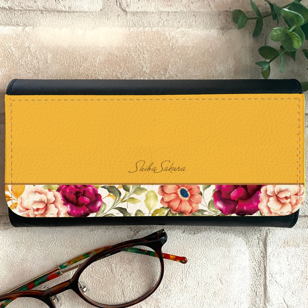 秋バラとコスモスのメガネケース(マスタード) バラ ローズ コスモス メガネ入れ メガネケース