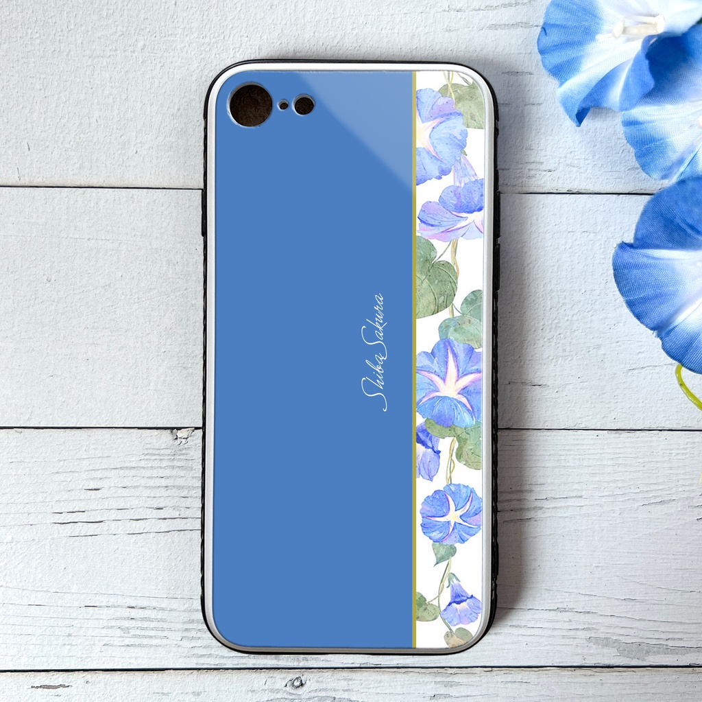 夏の朝顔のガラススマホケース(天色) iphone15 iphone14 iphone16 iPhone17e Air スマホケース 朝顔 夏 花