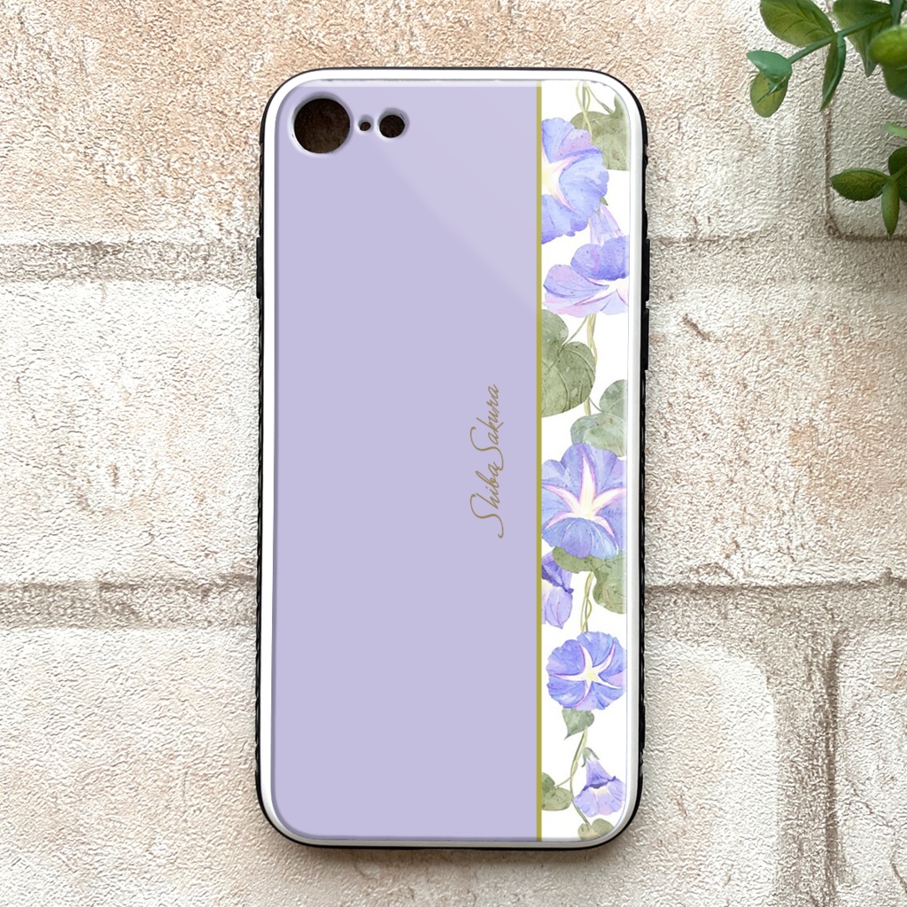 夏の朝顔のガラススマホケース(薄紫) iphone15 iphone14 スマホケース 朝顔 夏 花 iphone16