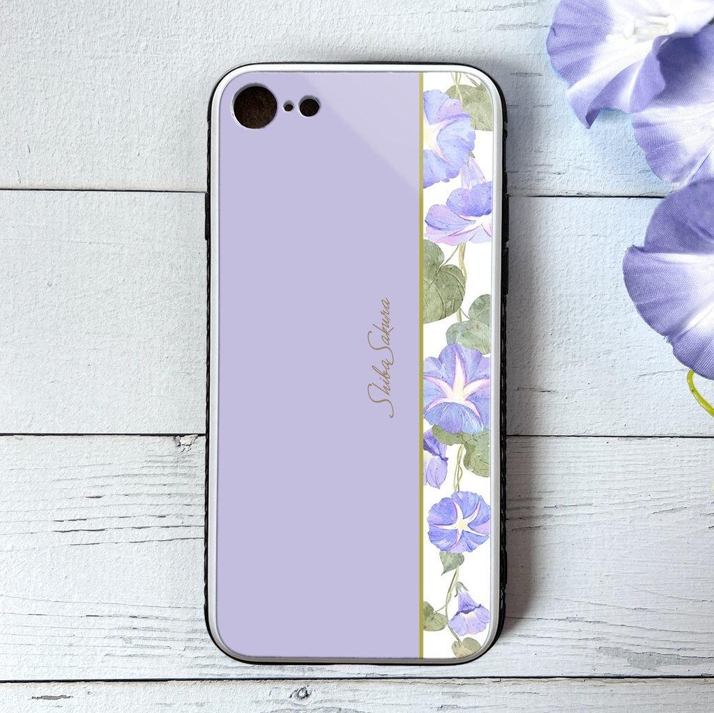 夏の朝顔のガラススマホケース（薄紫） iphone15 iphone14 iPhone17e Air iphone13 スマホケース 朝顔 夏 花 iphone16