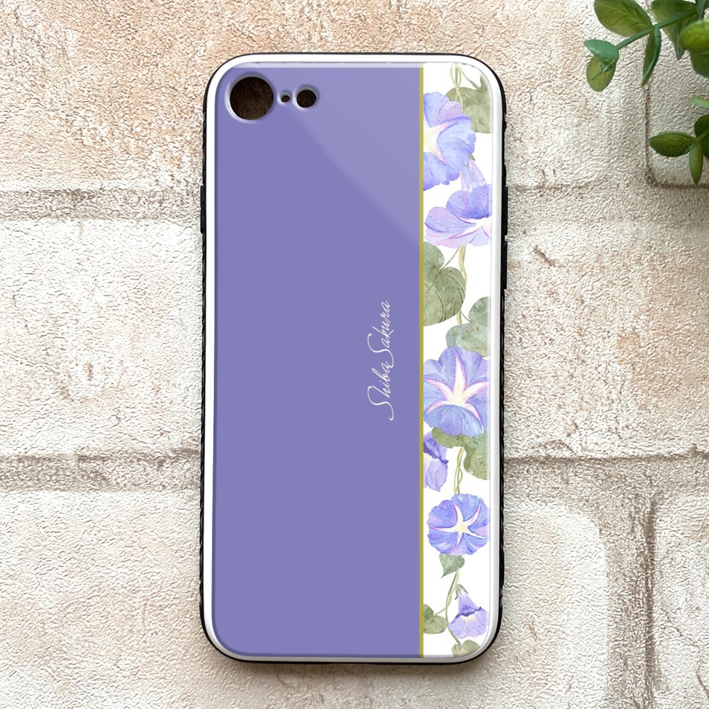 夏の朝顔のガラススマホケース(暁紫) iphone15 iphone14 iphone16 スマホケース 朝顔 夏 花