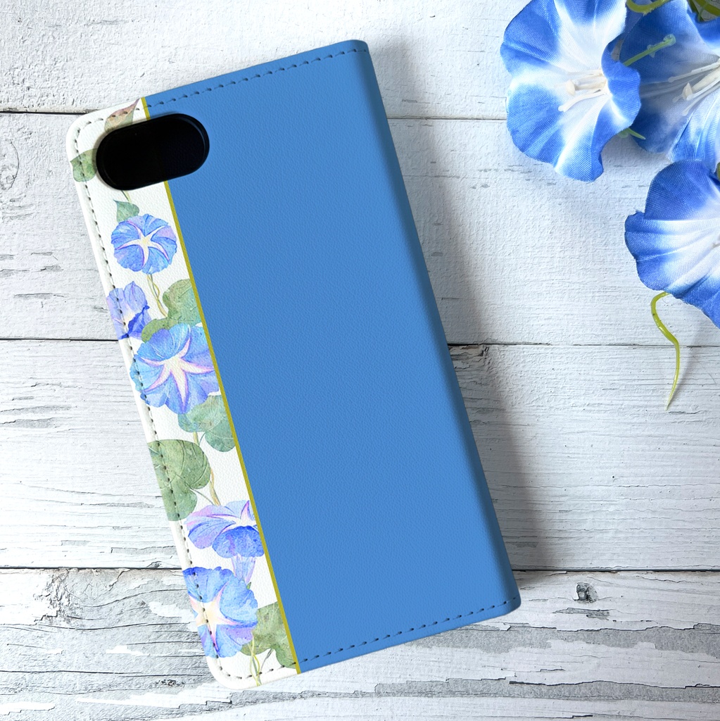 夏の朝顔の手帳型スマホケース(天色) 花 スマホケース iPhone17e Air iPhone16e iphone15 iphone14 全機種対応 朝顔