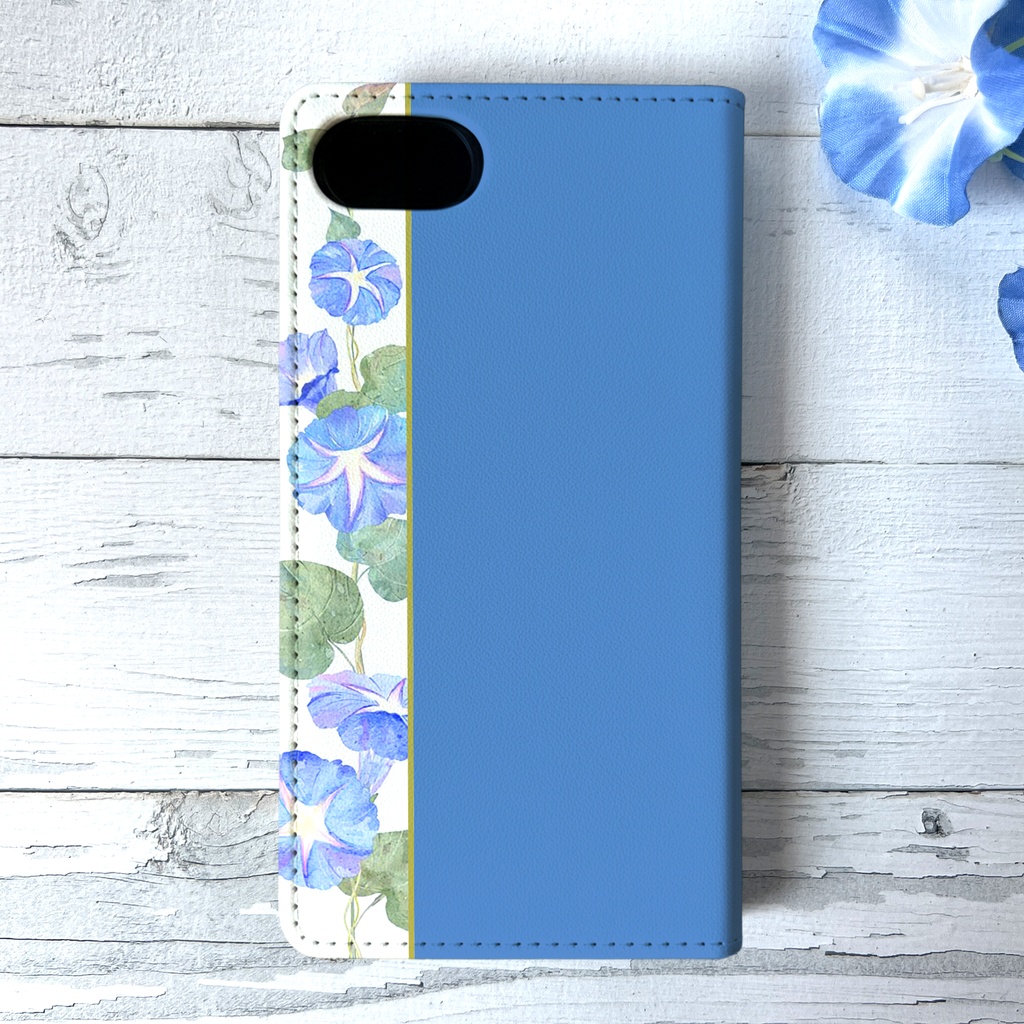 夏の朝顔の手帳型スマホケース(天色) 花 スマホケース iPhone17e Air iPhone16e iphone15 iphone14 全機種対応 朝顔