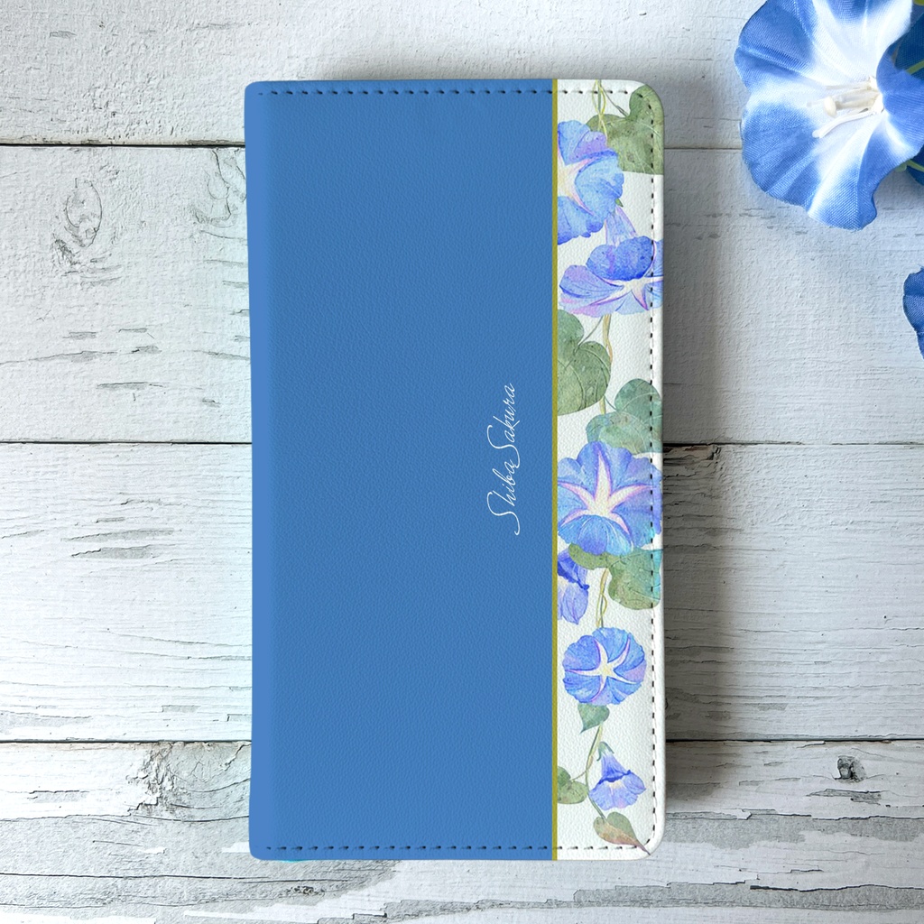 夏の朝顔の手帳型スマホケース(天色) 花 スマホケース iPhone17e Air iPhone16e iphone15 iphone14 全機種対応 朝顔