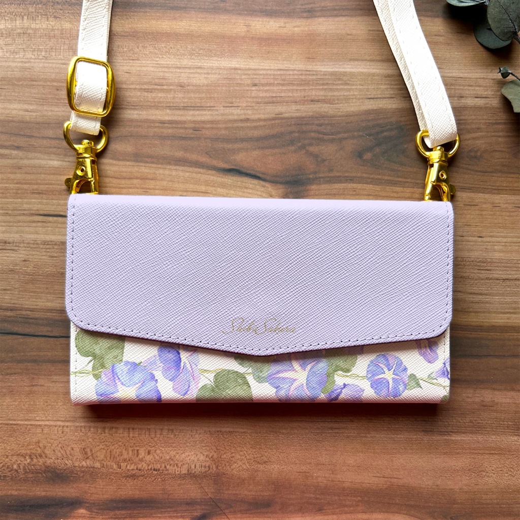 夏の朝顔の三つ折り手帳型スマホケース(薄紫) 全機種対応 スマホケース iphone Android 花 iPhone16e iphone16 iphone15