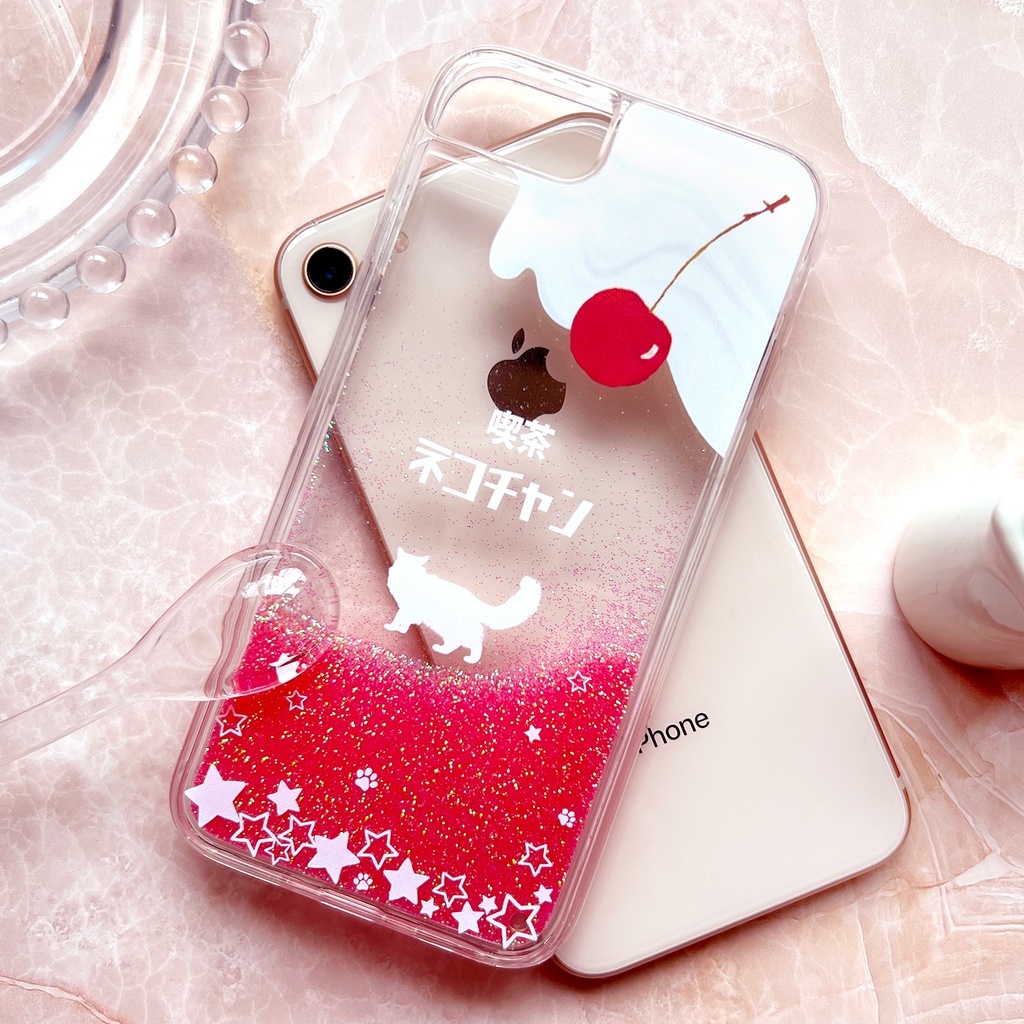 長毛にゃんこソーダのグリッターケース(ピンク) 猫 iphone15 iphone14 喫茶店 クリームソーダ iphone16 iPhone16e
