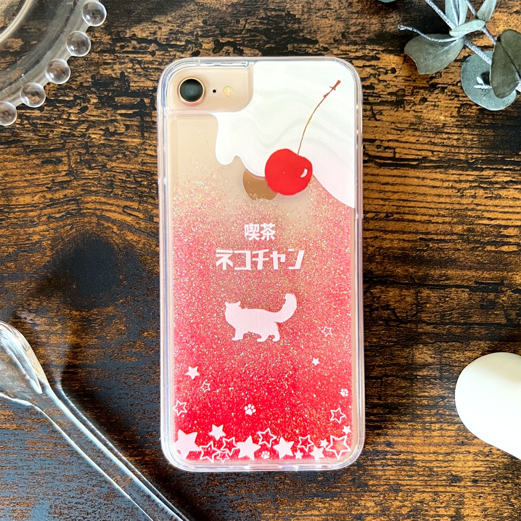 長毛にゃんこソーダのグリッターケース(ピンク) 猫 iphone15 iphone14 喫茶店 クリームソーダ iphone17 air iPhone16e