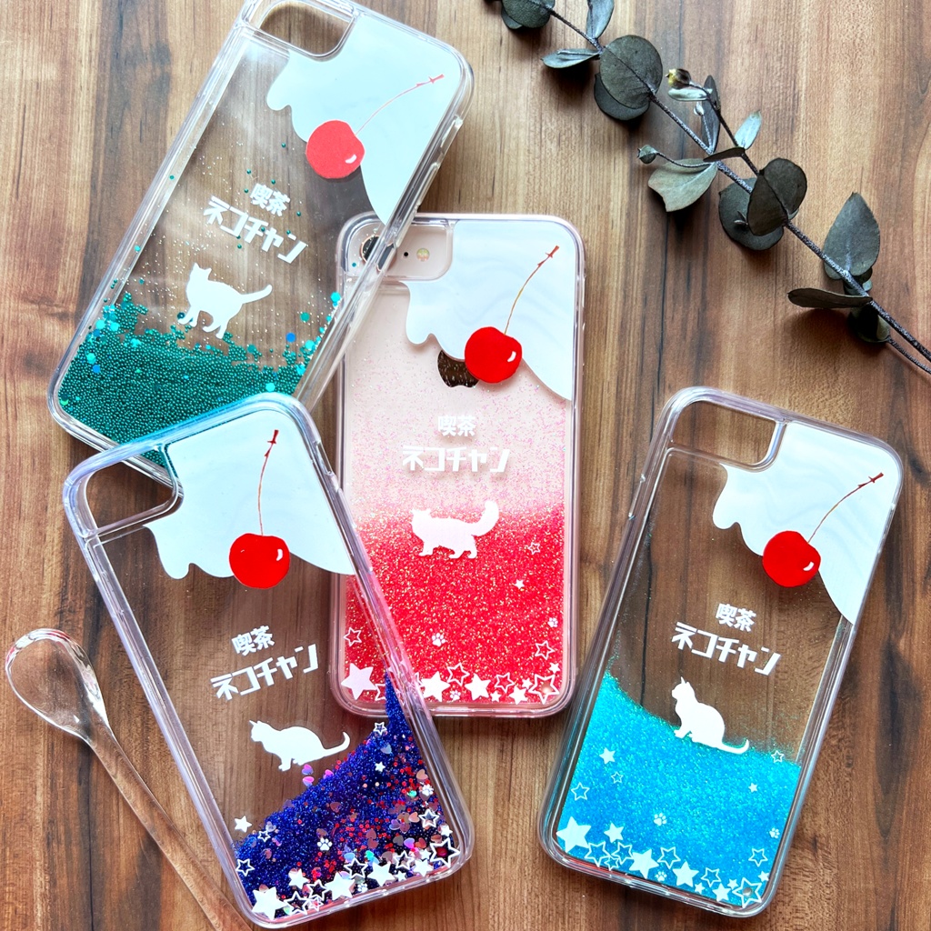 長毛にゃんこソーダのグリッターケース(ピンク) 猫 iphone15 iphone14 喫茶店 クリームソーダ iphone17 air iPhone16e