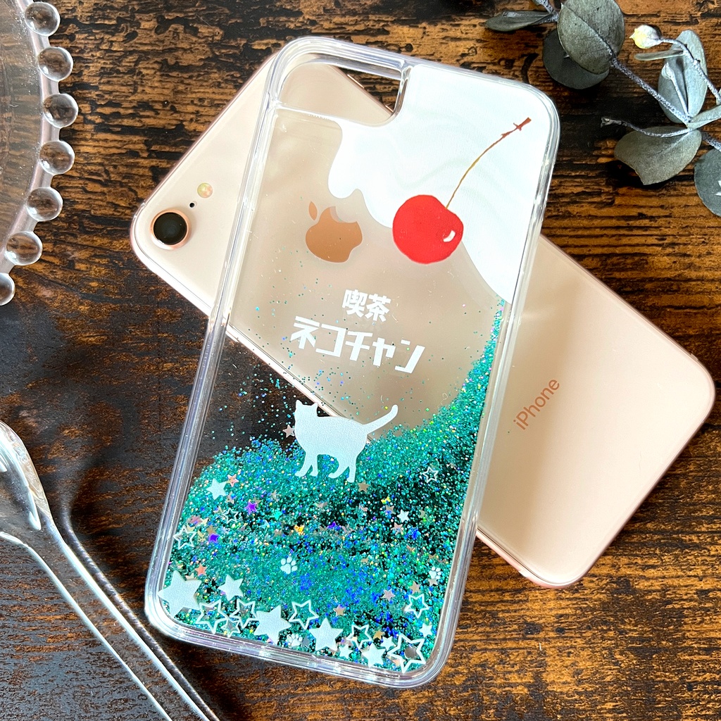 にゃんこソーダのグリッターケース(メロン) 猫 宇宙 iphone15 iphone14 喫茶店 iphone17 air iPhone16e