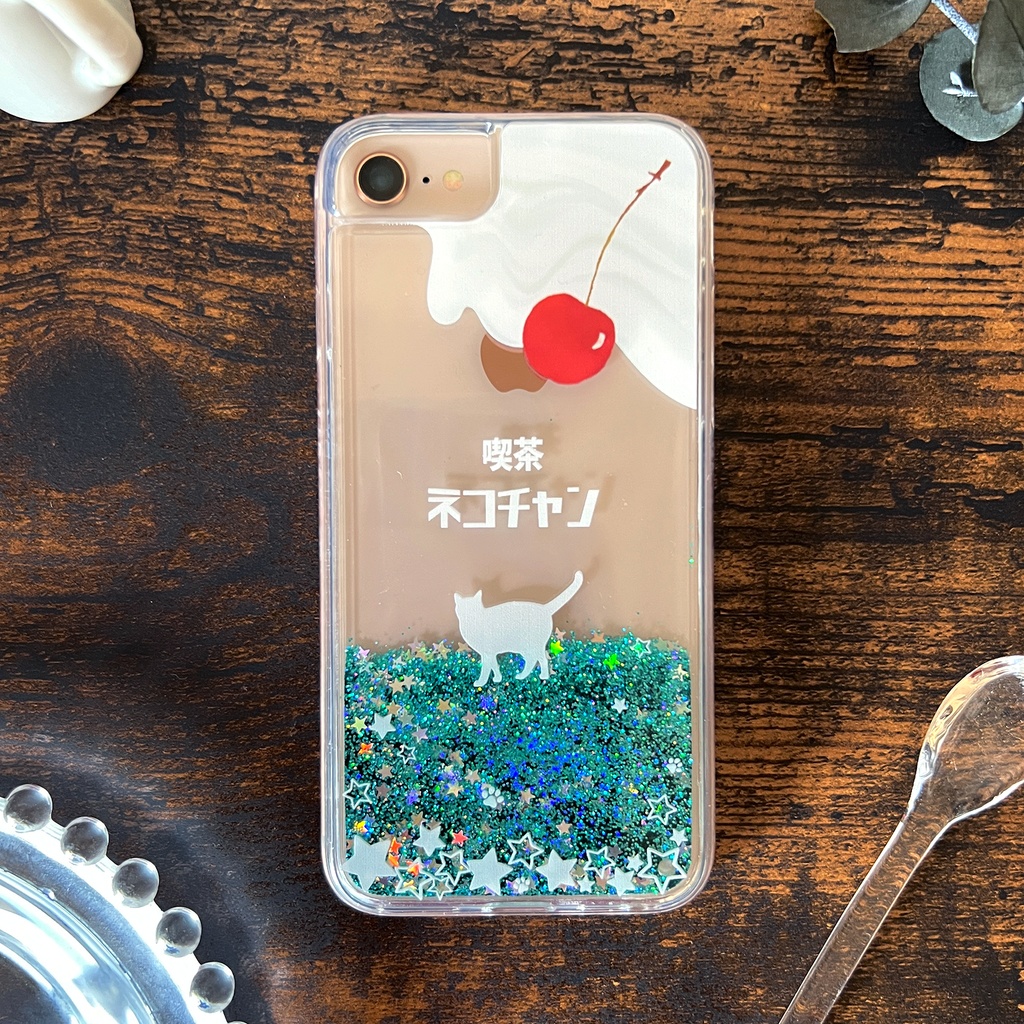 にゃんこソーダのグリッターケース(メロン) 猫 宇宙 iphone15 iphone14 喫茶店 iphone17 air iPhone16e