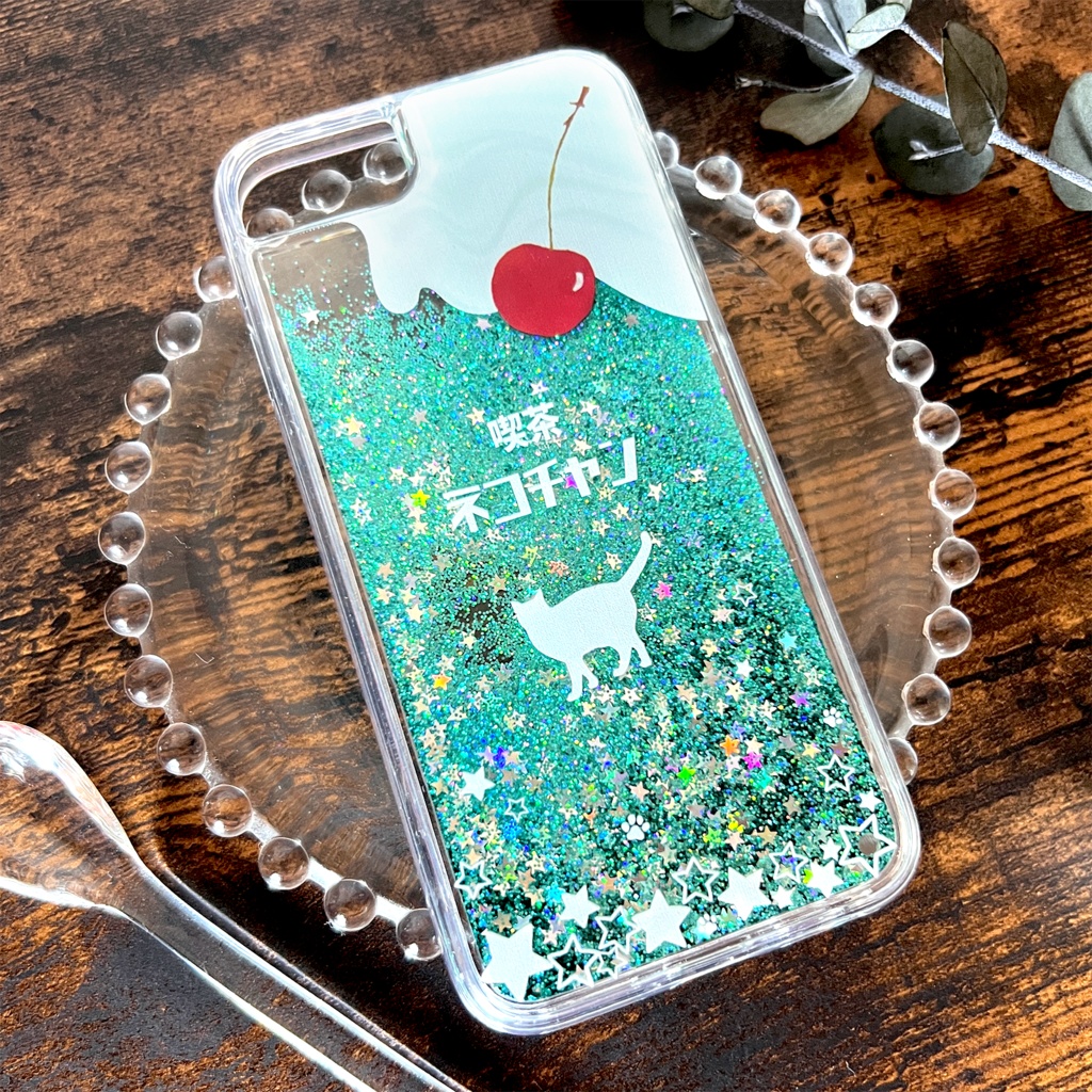 にゃんこソーダのグリッターケース(メロン) 猫 宇宙 iphone15 iphone14 喫茶店 iphone17 air iPhone16e