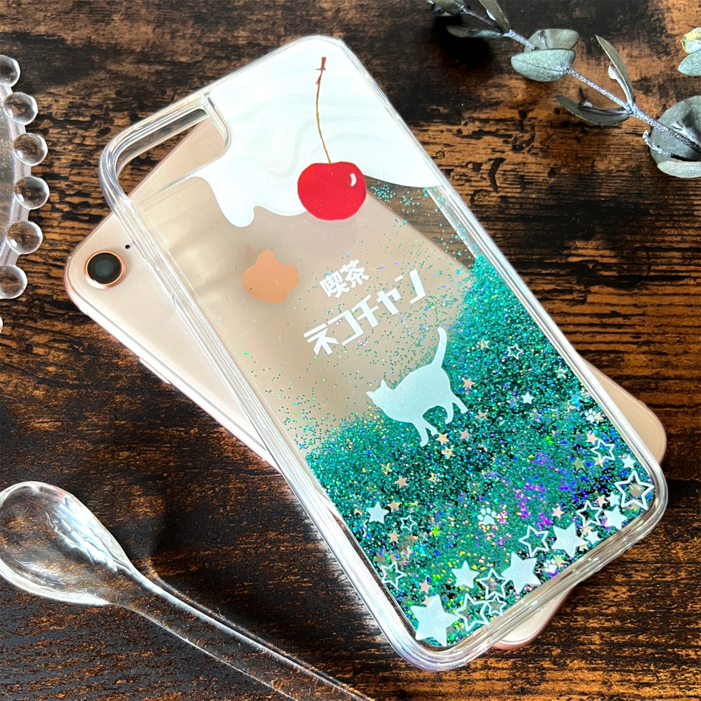 にゃんこソーダのグリッターケース(メロン) 猫 宇宙 iphone15 iphone14 喫茶店 iphone17 air iPhone16e