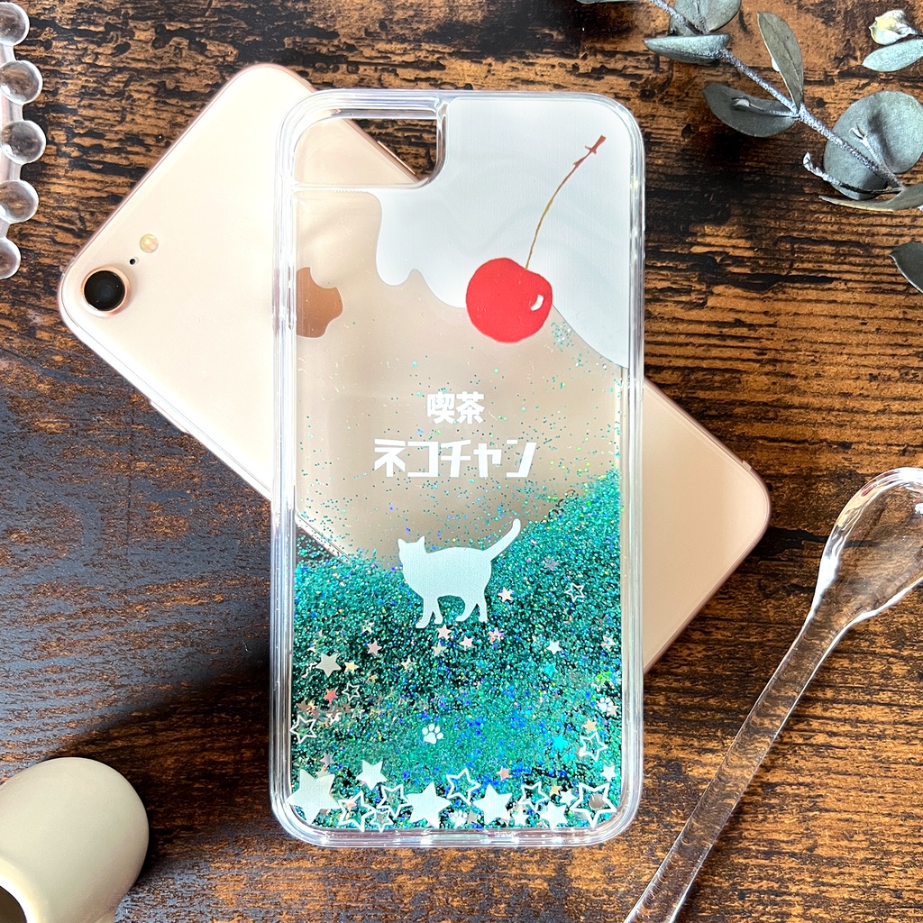 にゃんこソーダのグリッターケース(メロン) 猫 宇宙 iphone15 iphone14 喫茶店 iphone17 air iPhone16e