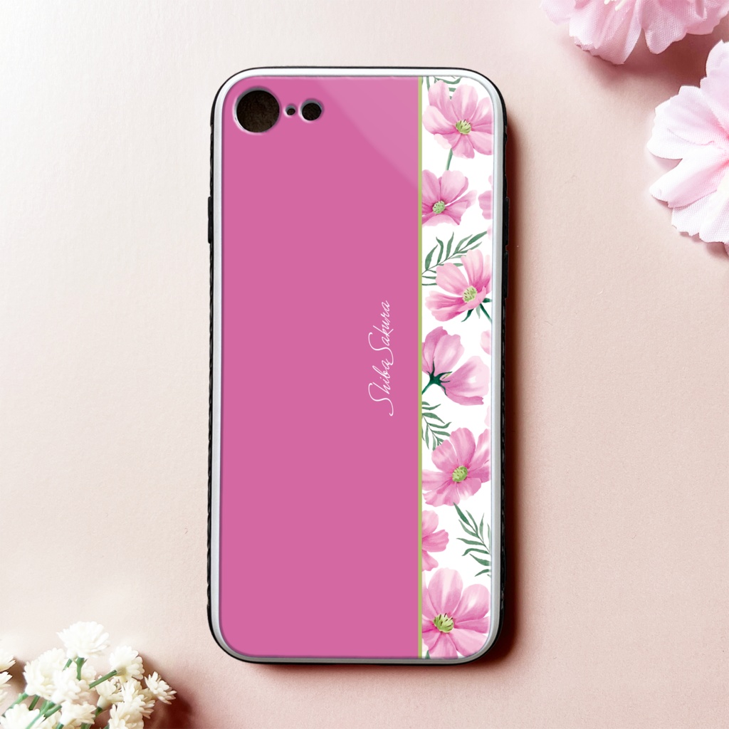 コスモスのガラススマホケース（濃桃） コスモス 秋 秋桜 花 iphone15 iphone16e iphone13  スマホケース