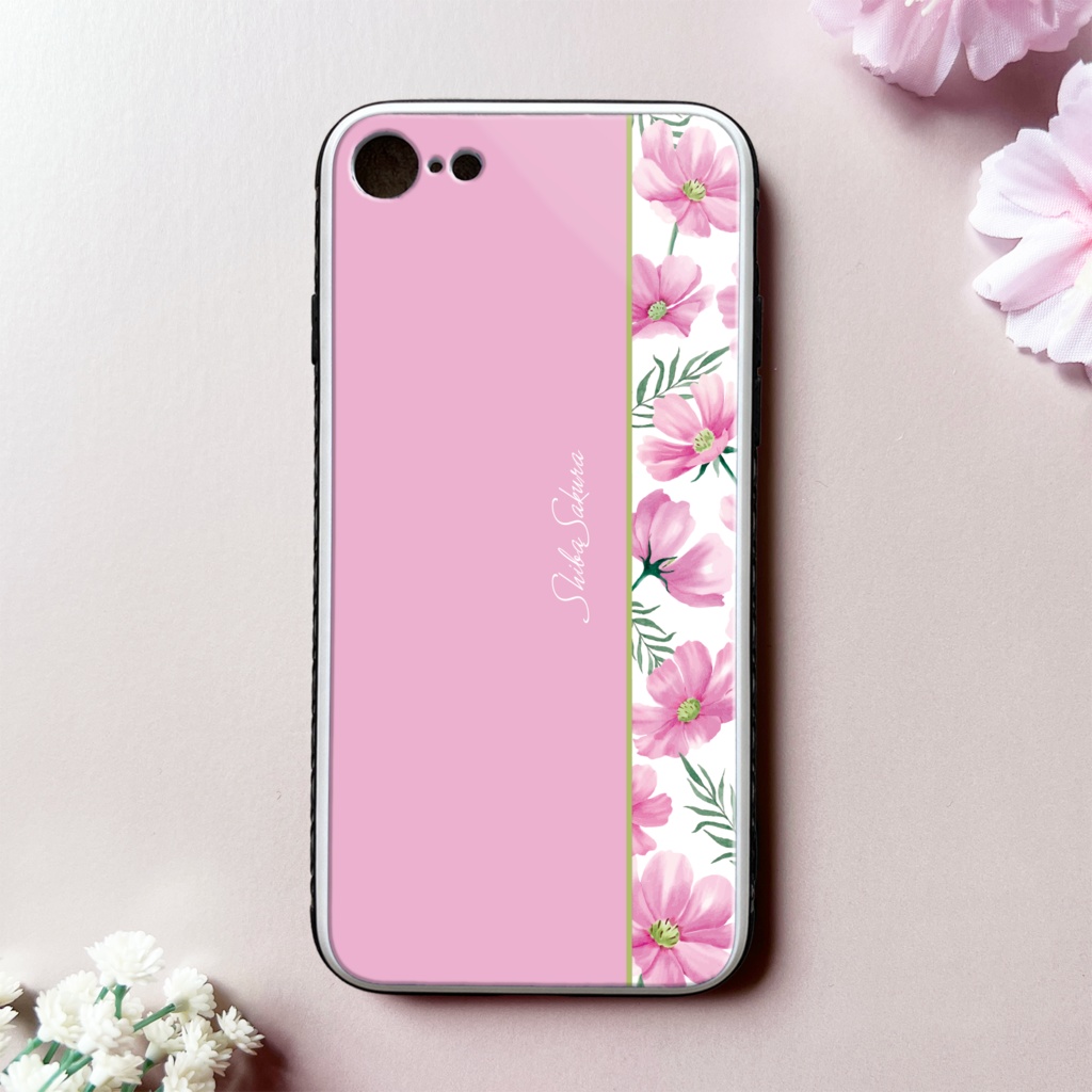 コスモスのガラススマホケース（薄桃） コスモス 秋 秋桜 花 iphone15 iphone14 iphone13 スマホケース iPhone16e