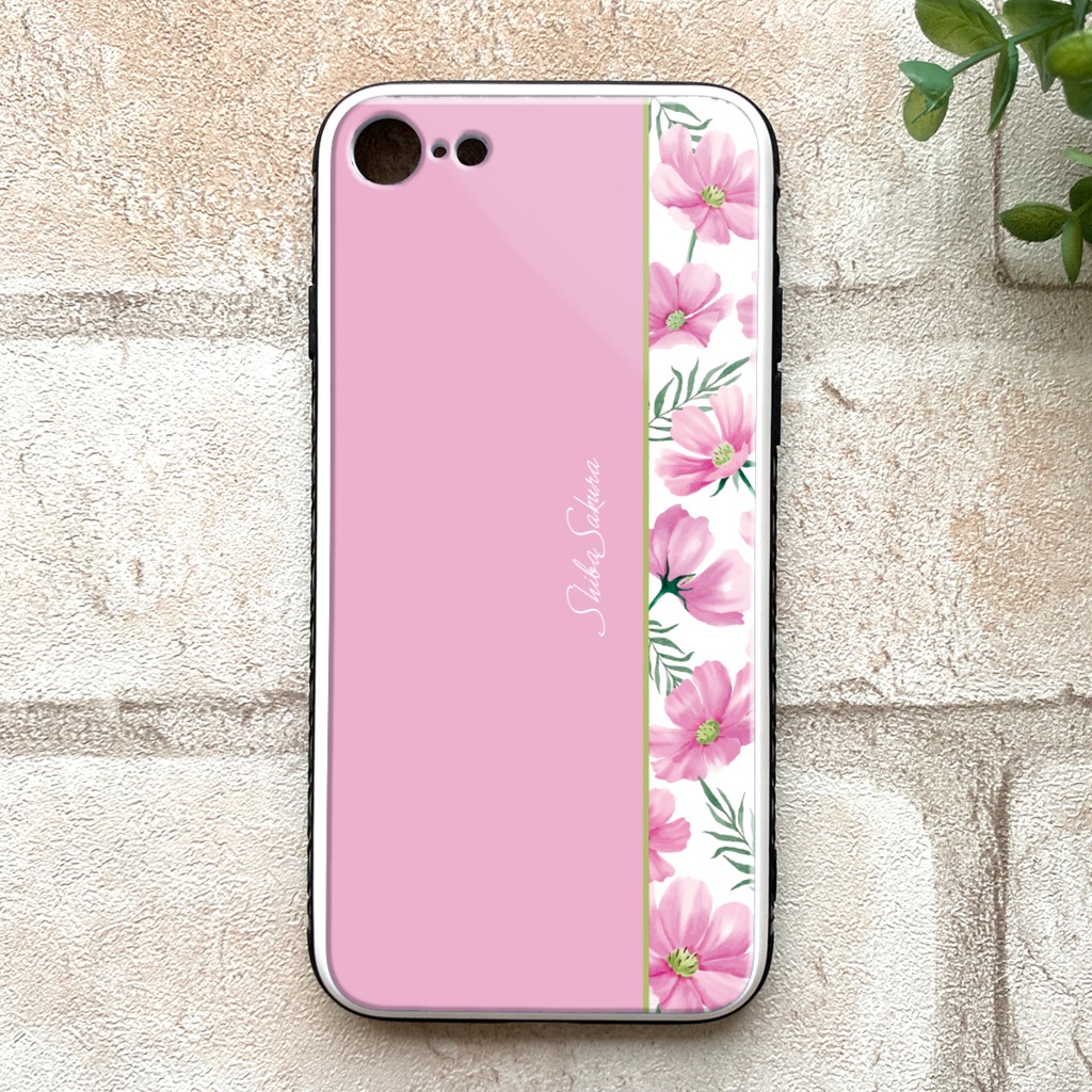 コスモスのガラススマホケース（薄桃） コスモス 秋 秋桜 花 iphone15 iphone14 スマホケース