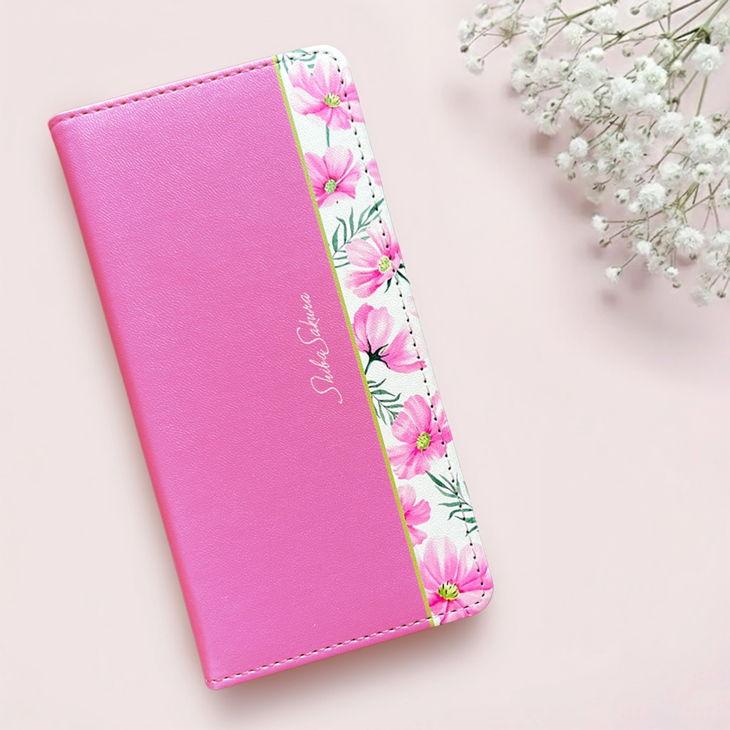 コスモスの手帳型スマホケース(濃桃) コスモス 秋 秋桜 スマホケース iphone16e iphone15 全機種対応