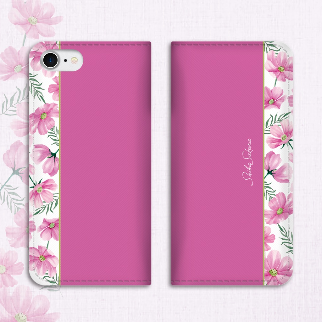 コスモスの手帳型スマホケース(濃桃) コスモス 秋 秋桜 スマホケース iPhone17 Air iphone16e iphone15 全機種対応
