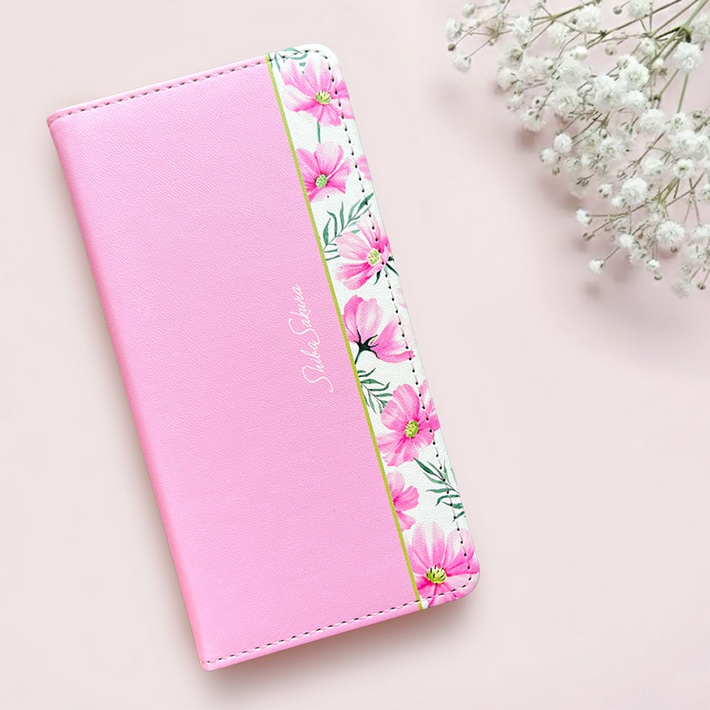 コスモスの手帳型スマホケース(薄桃) コスモス 秋 秋桜 スマホケース iphone16e iphone15 全機種対応