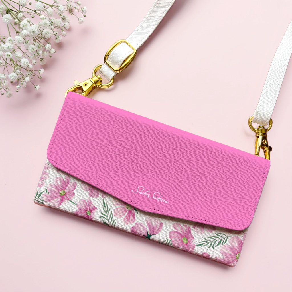 コスモスの三つ折り手帳型スマホケース（濃桃） コスモス 秋桜 全機種対応 スマホケース iphone Android