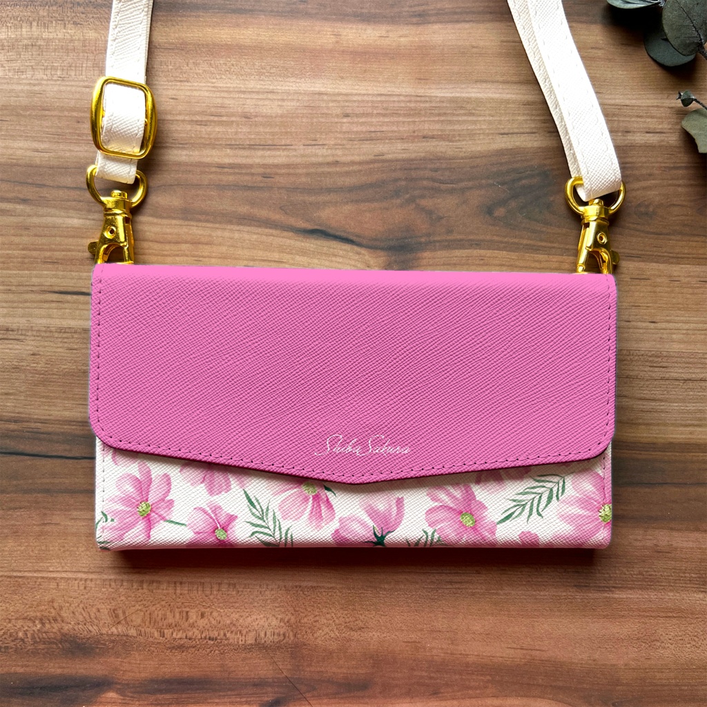 コスモスの三つ折り手帳型スマホケース(濃桃) コスモス 秋桜 全機種対応 スマホケース iphone Android