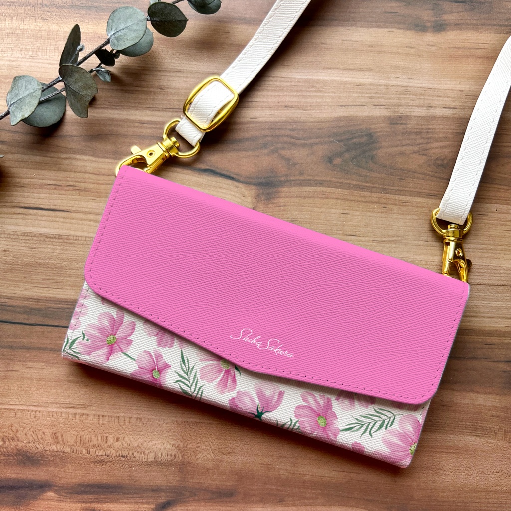 コスモスの三つ折り手帳型スマホケース(濃桃) コスモス 秋桜 全機種対応 スマホケース iphone Android
