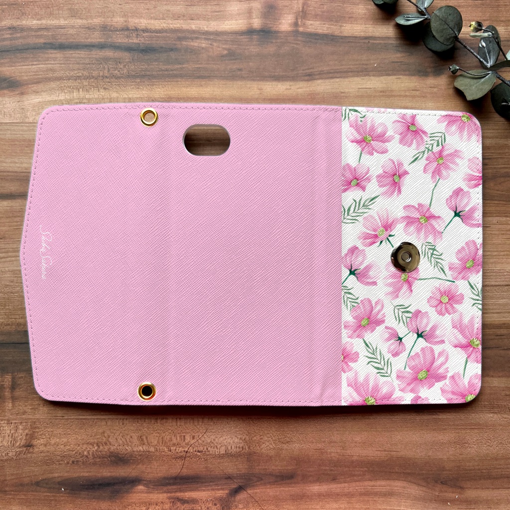 コスモスの三つ折り手帳型スマホケース(薄桃) コスモス 秋桜 全機種対応 スマホケース iphone Android