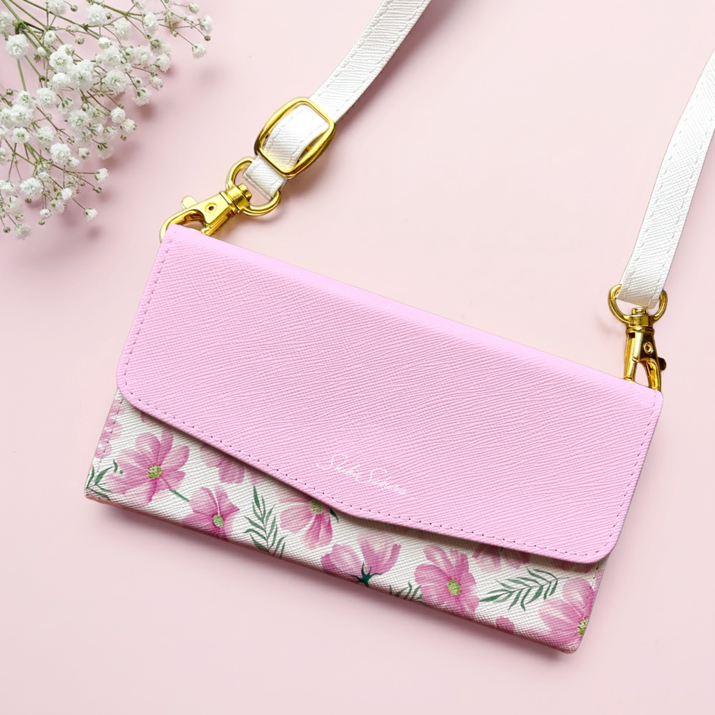 コスモスの三つ折り手帳型スマホケース(薄桃) コスモス 秋桜 全機種対応 スマホケース iphone Android