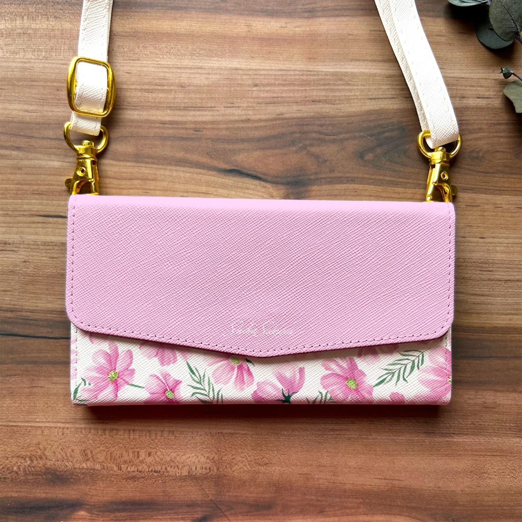 コスモスの三つ折り手帳型スマホケース(薄桃) コスモス 秋桜 全機種対応 スマホケース iphone Android