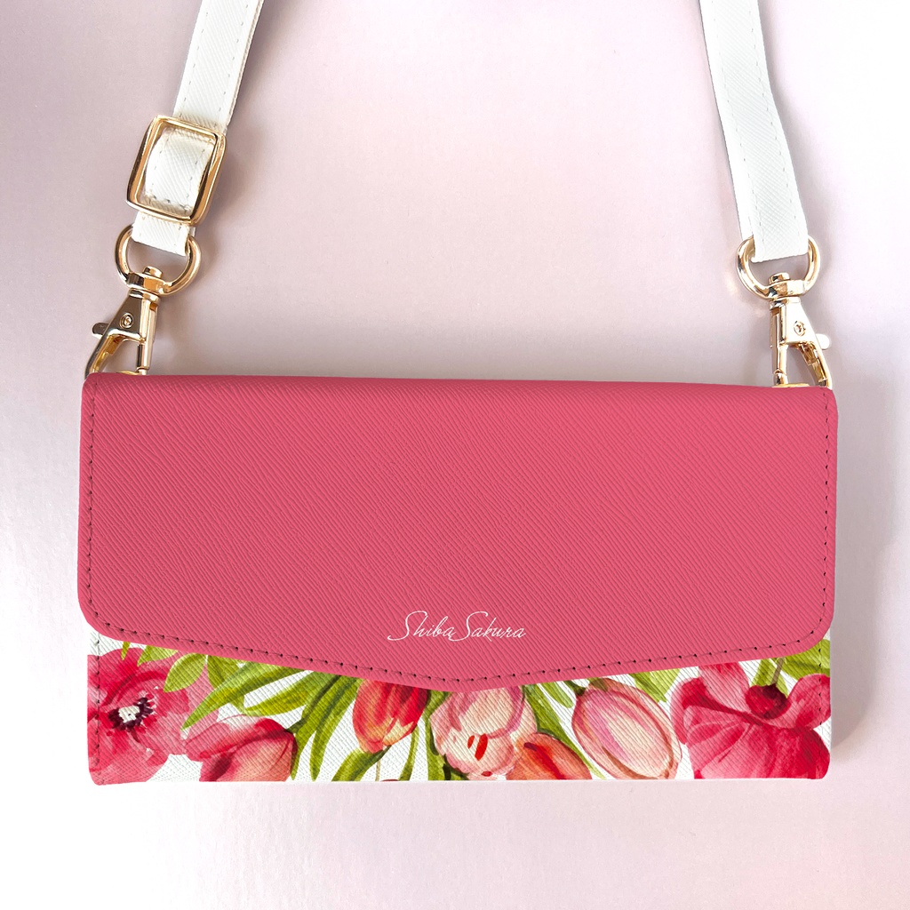 チューリップの三つ折り手帳型スマホケース(フューシャピンク) 全機種対応 スマホケース iphone Android 花