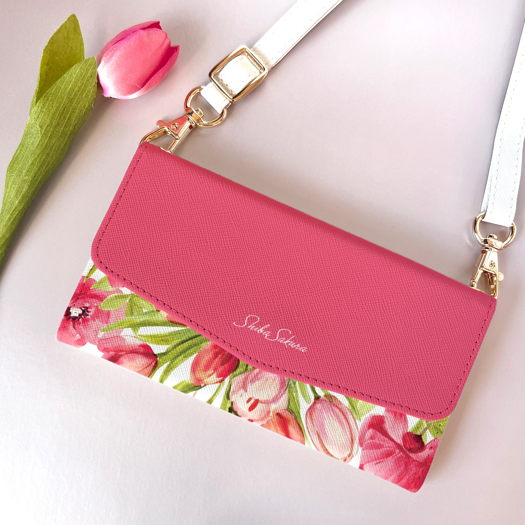 チューリップの三つ折り手帳型スマホケース（フューシャピンク） 全機種対応 スマホケース iphone Android 花