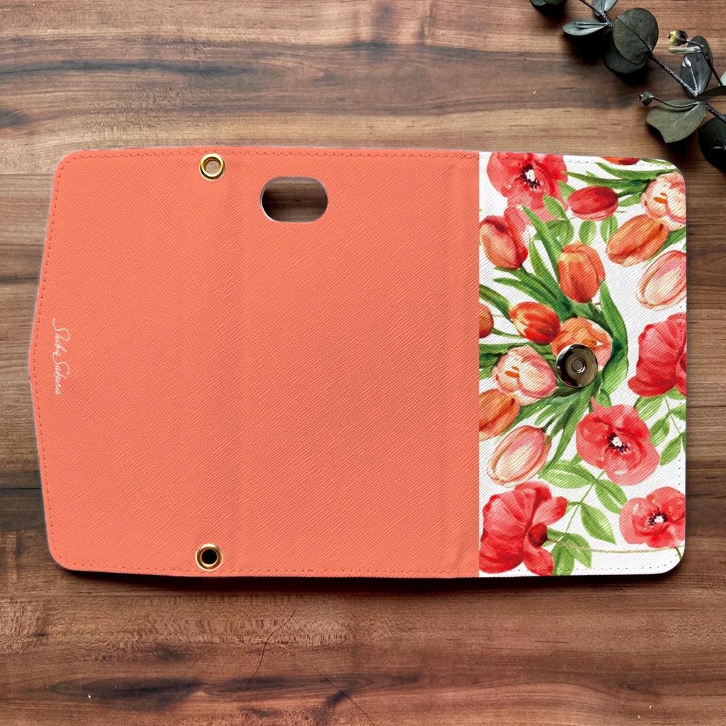 チューリップの三つ折り手帳型スマホケース(コーラルピンク) 全機種対応 スマホケース iphone Android 花
