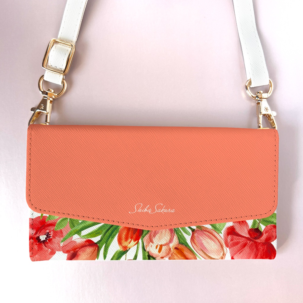 チューリップの三つ折り手帳型スマホケース(コーラルピンク) 全機種対応 スマホケース iphone Android 花