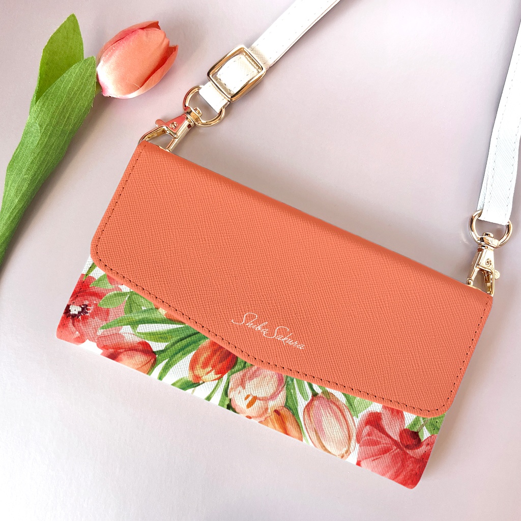 チューリップの三つ折り手帳型スマホケース（コーラルピンク） 全機種対応 スマホケース iphone Android 花