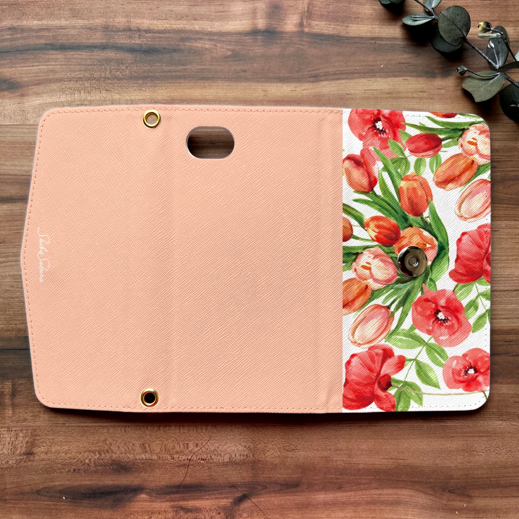 チューリップの三つ折り手帳型スマホケース(サーモンピンク) 全機種対応 スマホケース iphone Android 花