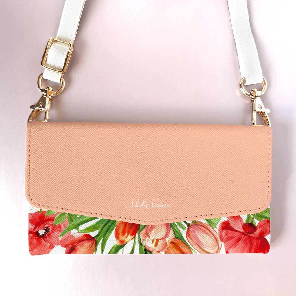 チューリップの三つ折り手帳型スマホケース(サーモンピンク) 全機種対応 スマホケース iphone Android 花