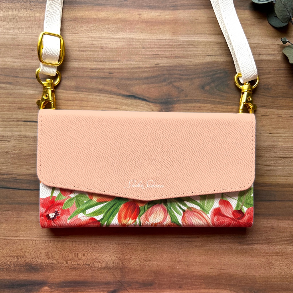 チューリップの三つ折り手帳型スマホケース(サーモンピンク) 全機種対応 スマホケース iphone Android 花