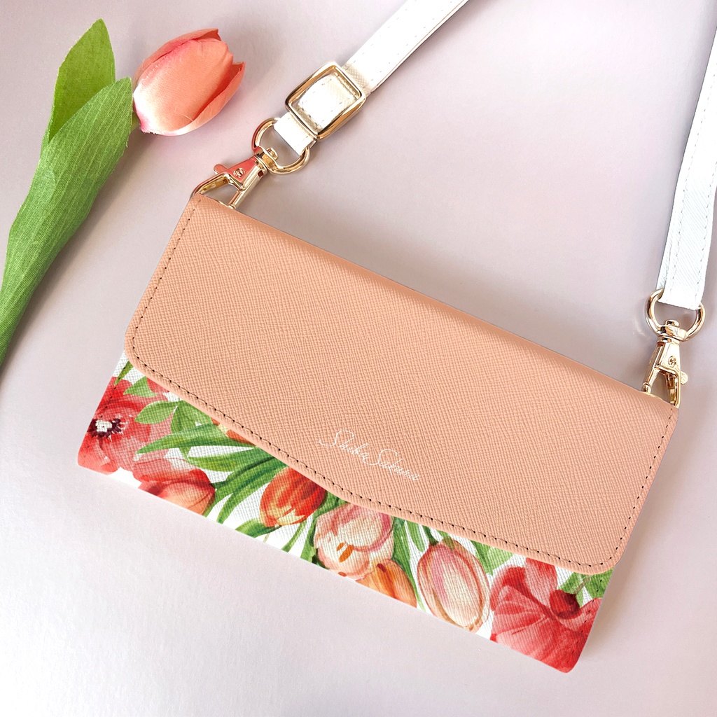 チューリップの三つ折り手帳型スマホケース（サーモンピンク） 全機種対応 スマホケース iphone Android 花