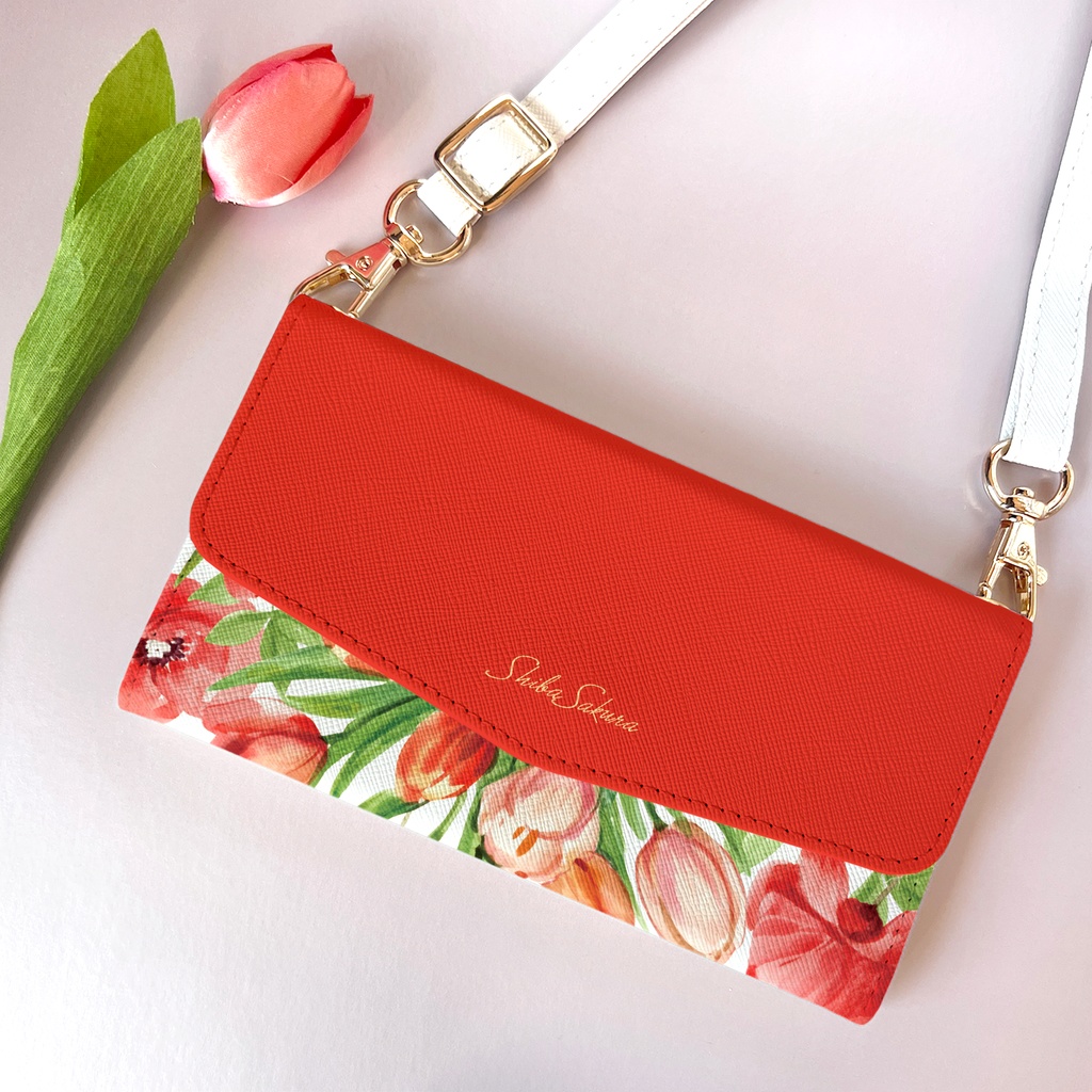 チューリップの三つ折り手帳型スマホケース(レッド) 全機種対応 スマホケース iphone Android 花