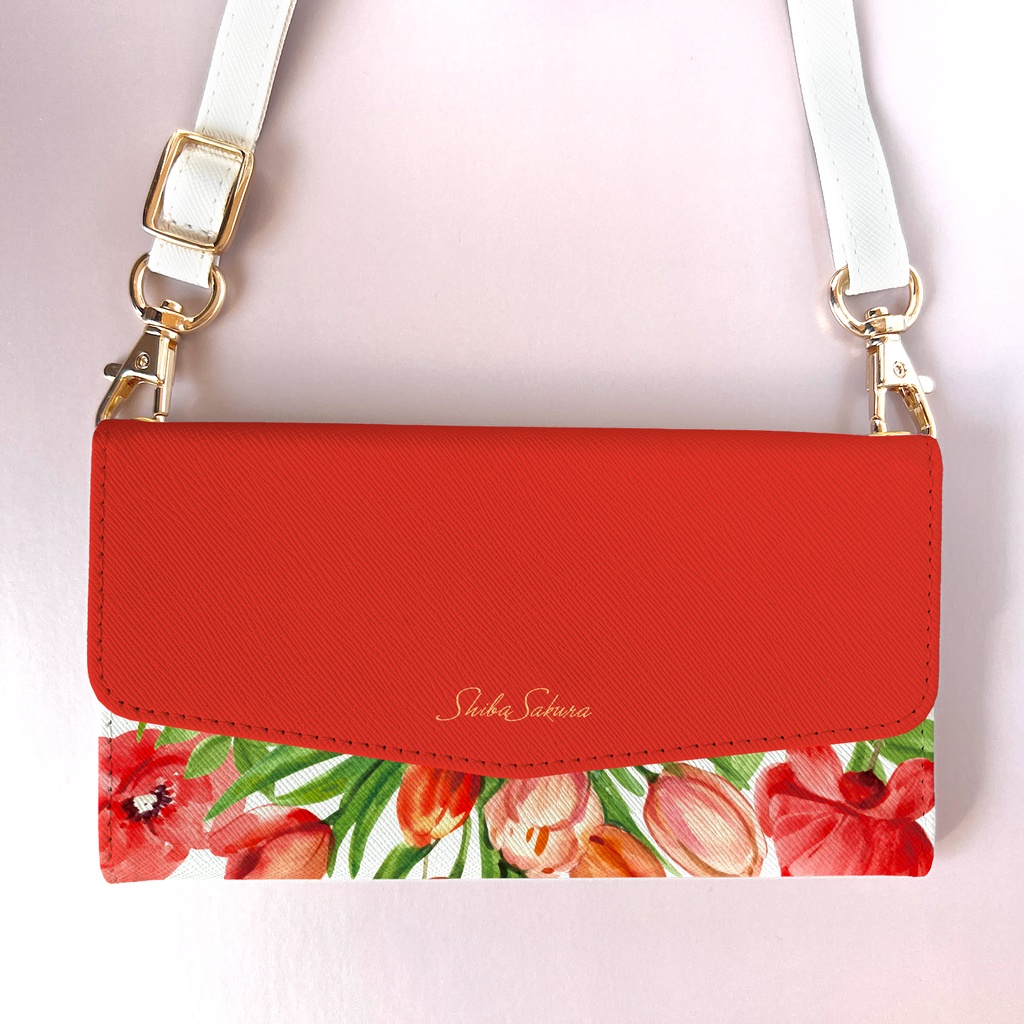 チューリップの三つ折り手帳型スマホケース(レッド) 全機種対応 スマホケース iphone Android 花